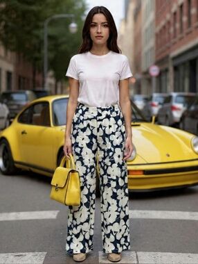 Sz.6🌸UP! Poppy Amalfi Elegant Navy/White Wide-leg Cropped Pant